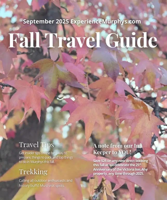 A colorful autumn leaf backdrop with text highlighting the September 2025 Fall Travel Guide for Murphys, featuring travel tips and a special offer.