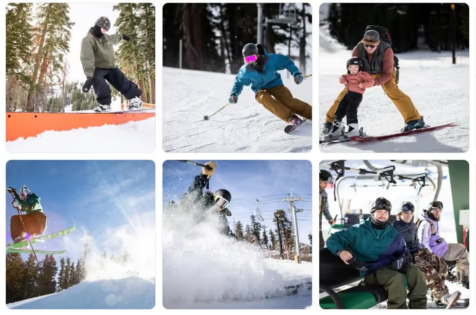 A collage of six winter sports images featuring snowboarders and skiers in a snowy landscape.