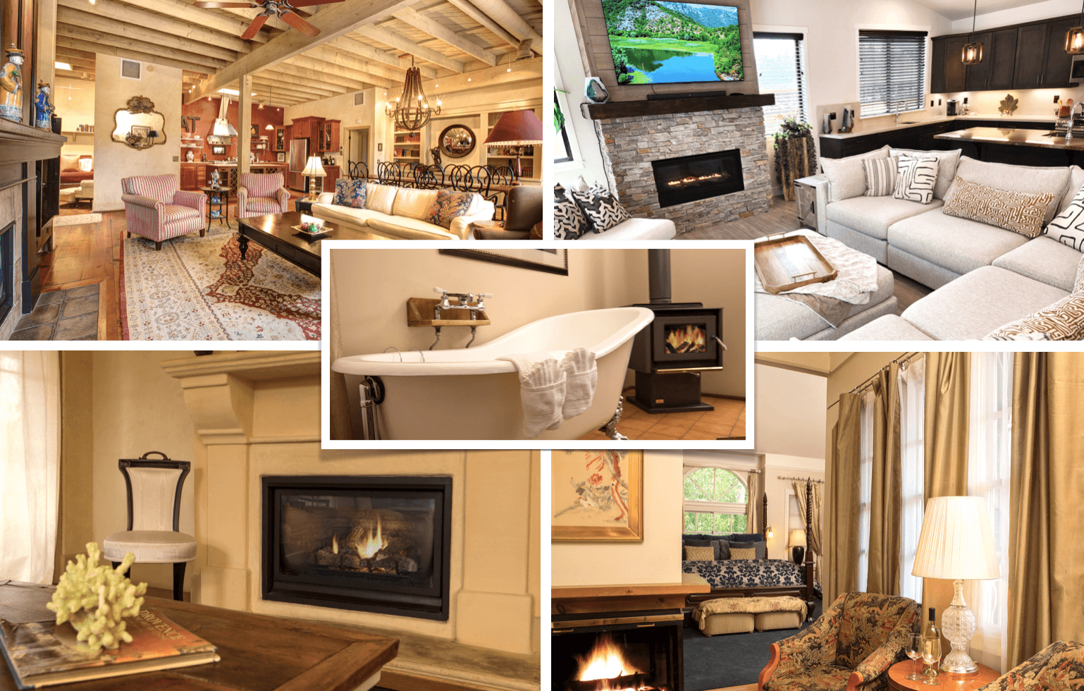 A collage of cozy living spaces featuring decorative fireplaces, a bathtub, and various seating arrangements.