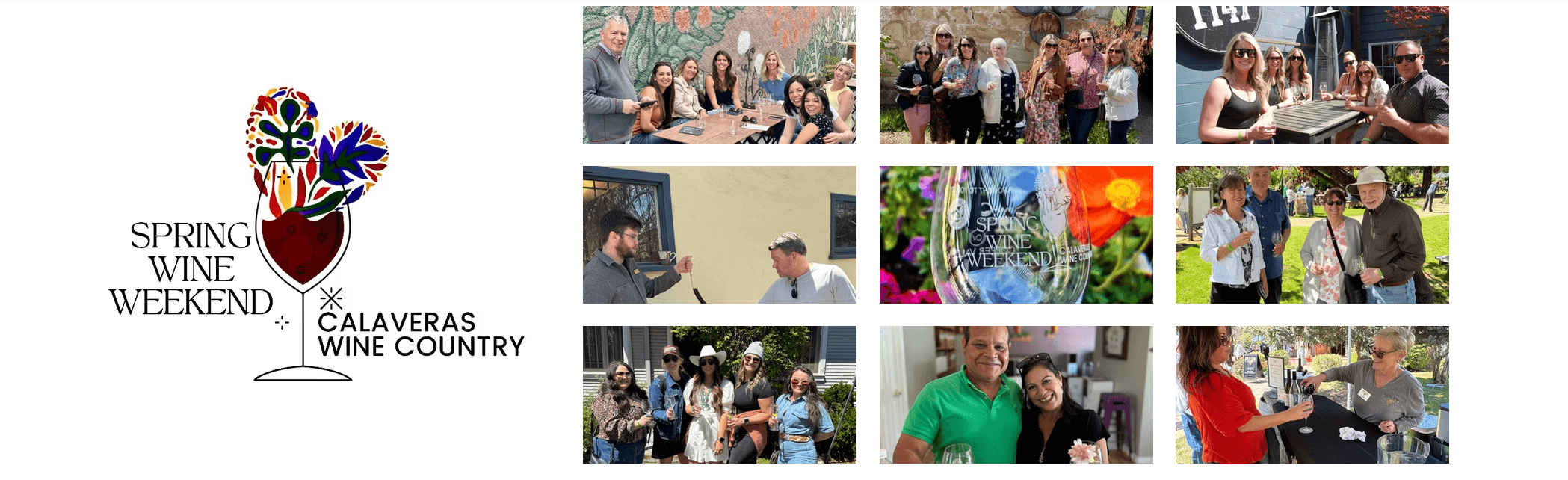 A collage featuring groups of people enjoying wine and festivities at the Spring Wine Weekend in Calaveras Wine Country.