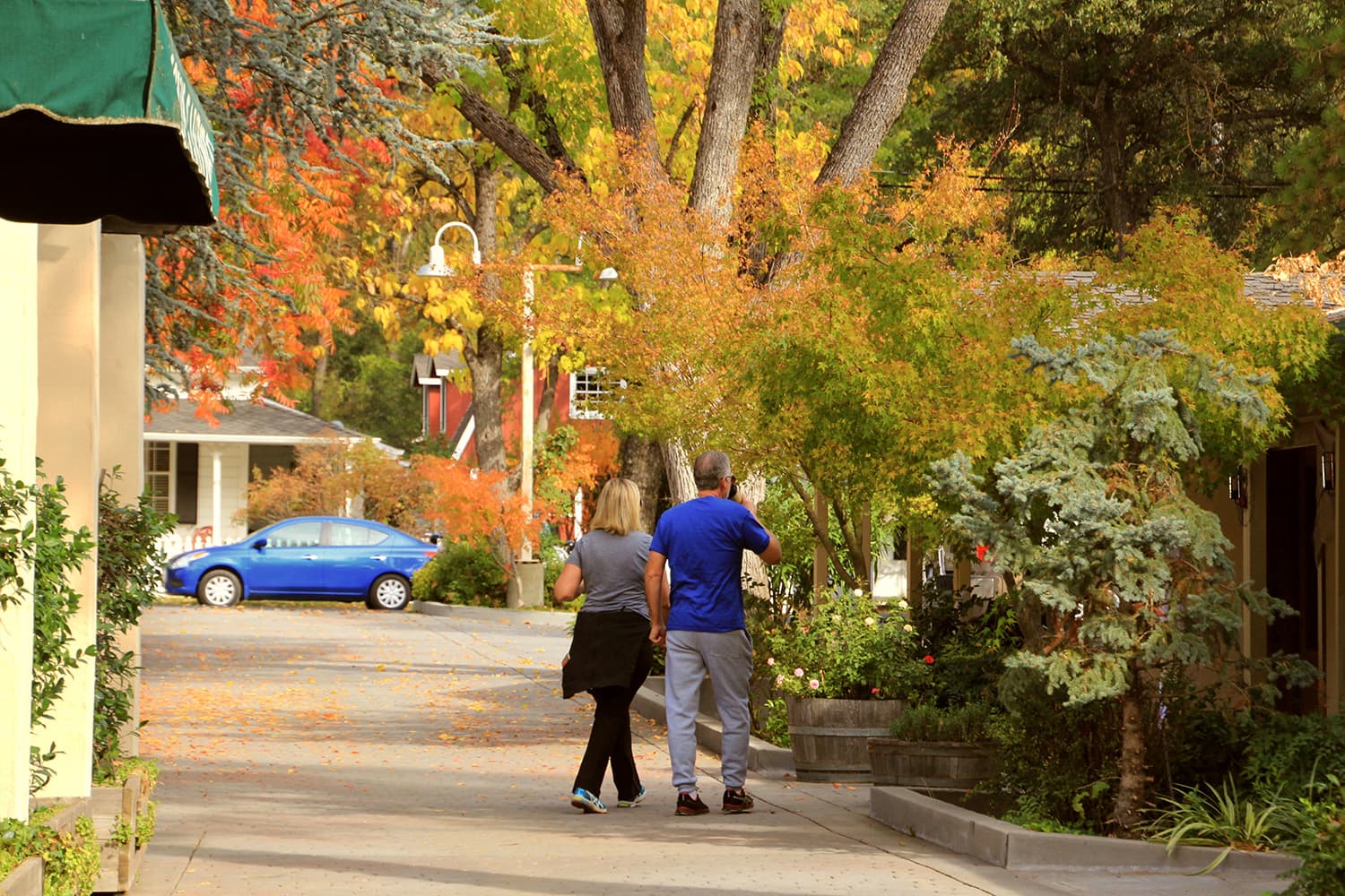 Two people stroll along a quiet residential street lined with vibrant autumn trees, gardens, and a blue car, creating a peaceful mood. Two people stroll along a quiet residential street lined with vibrant autumn trees, gardens, and a blue car, creating a peaceful mood.