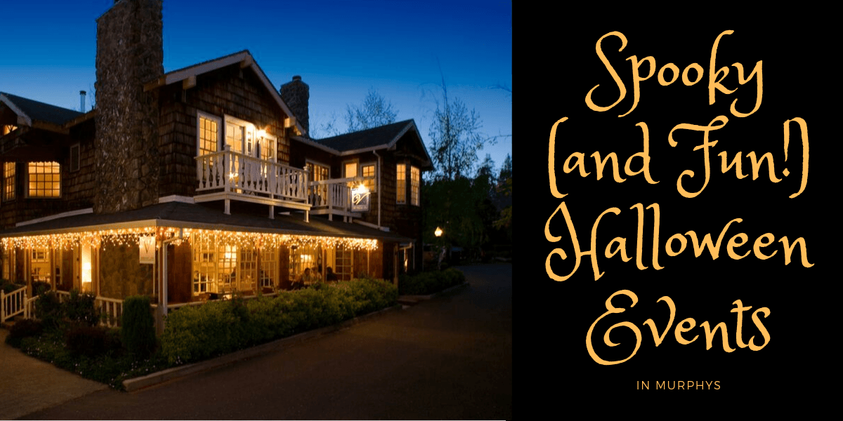 A dimly lit 2-story house with a stone chimney next to a title reading "Spooky (and Fun!) Halloween Events in Murphys. A dimly lit 2-story house with a stone chimney next to a title reading "Spooky (and Fun!) Halloween Events in Murphys.